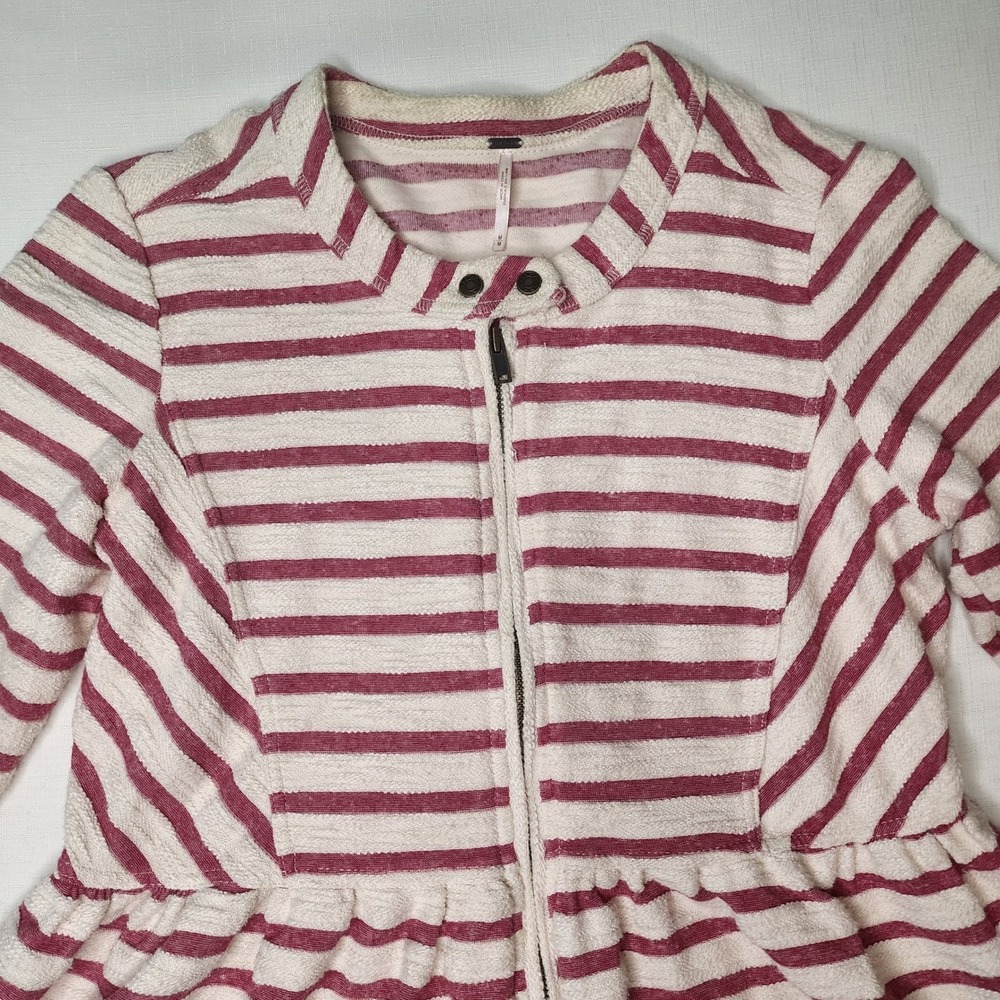 Free People Womens Red Striped Zip Up Peplum Shacket Jacket Mock Neck Medium
